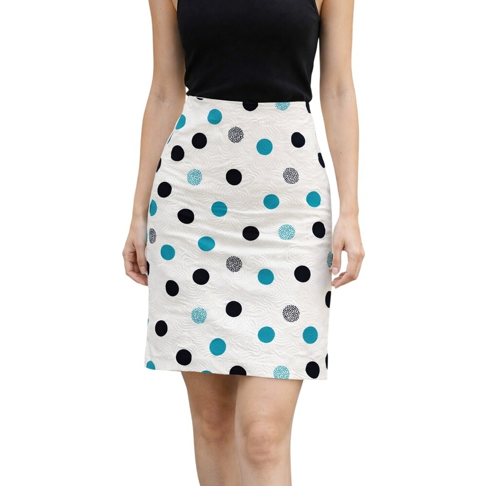 Talbots Polka Dot Textured Cotton Ivory Black Teal Pencil Skirt Size 8